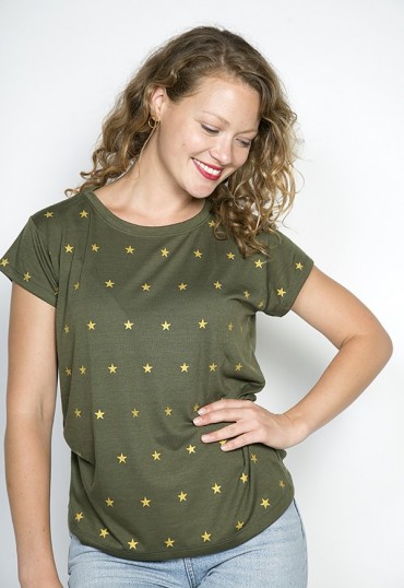 Camiseta SusiSweetdress kaki con estrellas doradas