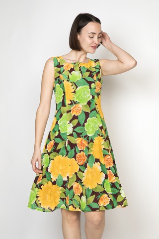 Vestido vintage estampado en flores verdes y amarillas