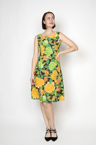 Vestido vintage estampado en flores verdes y amarillas
