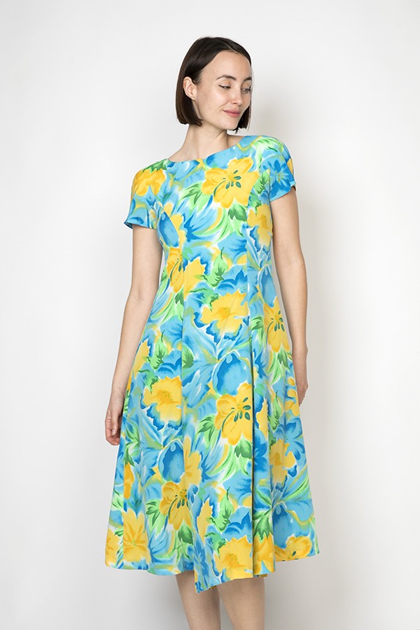 Vestido Amarillo Con Flores Azules Vestido Amarillo Estampado