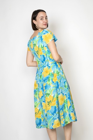 Vestido vintage azul cian con flores amarillas