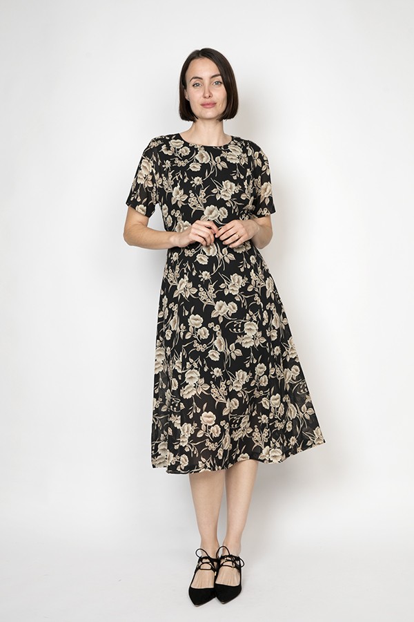 Vestido vintage negro con flores en beige Ropa mujer vintage