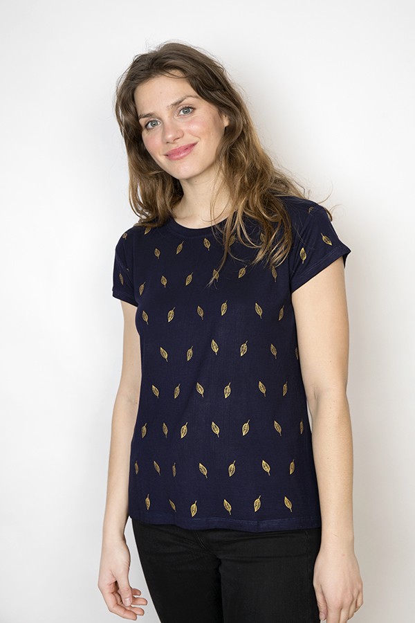 Camiseta SusiSweetdress azul marino con hojas doradas - Ropa mujer SusiSweetdress