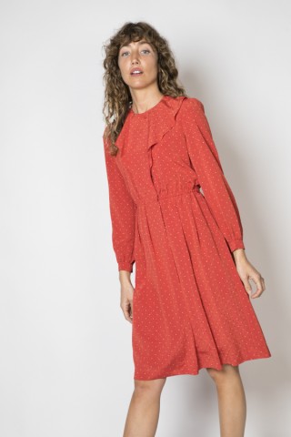 Vestido vintage rosa coral con topitos blancos