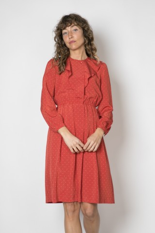 Vestido vintage rosa coral con topitos blancos