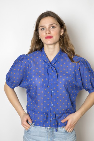 Camisa vintage azul topos ocre