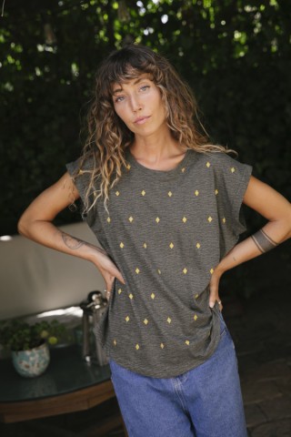 Camiseta SusiSweetdress gris chispeado con rombos dorados