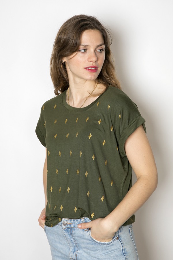 Camiseta SusiSweetdress kaki con cactus dorados- Ropa mujer SusiSweetdress