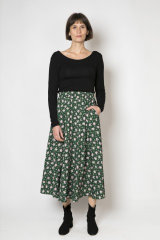 Falda maxi larga verde bosque con flores