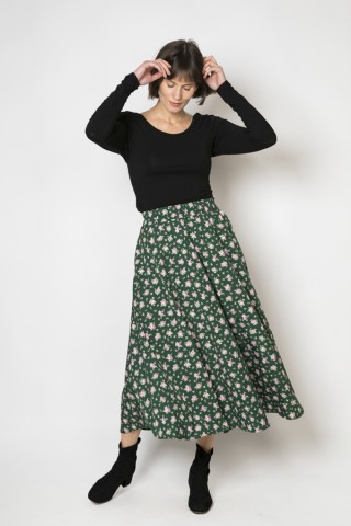 Falda maxi larga verde bosque con flores