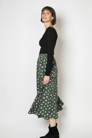 Falda maxi larga verde bosque con flores