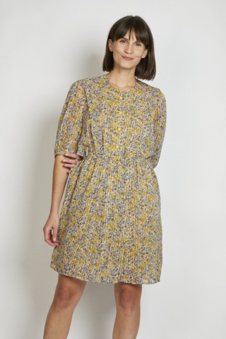 Vestido vintage ocre con flores grises