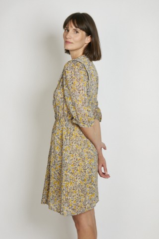 Vestido vintage ocre con flores grises