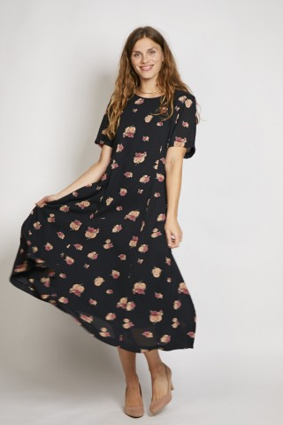 Vestido vintage negro con flores rosas y beige