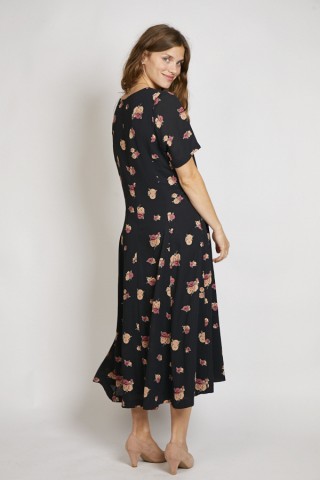 Vestido vintage negro con flores rosas y beige