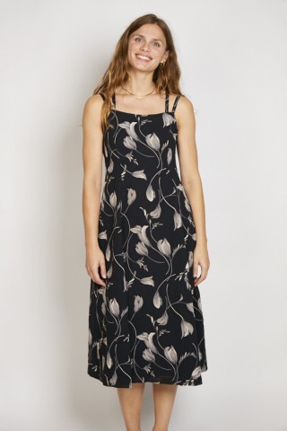 Vestido vintage negro con flores beige