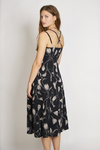 Vestido vintage negro con flores beige