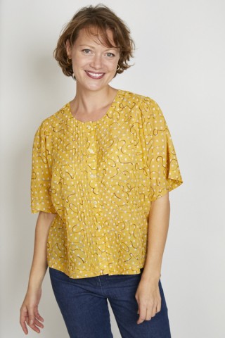 Camisa vintage amarillo mostaza con topos blancos