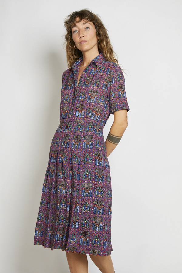 Vestido vintage estampado en azul marino y magenta - Ropa mujer vintage SusiSweetdress