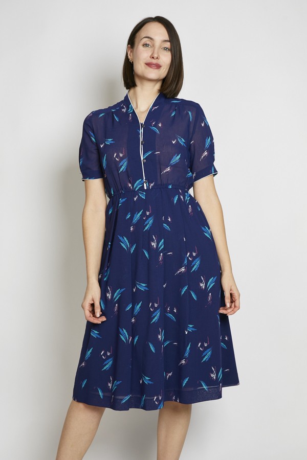Vestido vintage azul marino hojas y ribete - Ropa mujer vintage SusiSweetdress