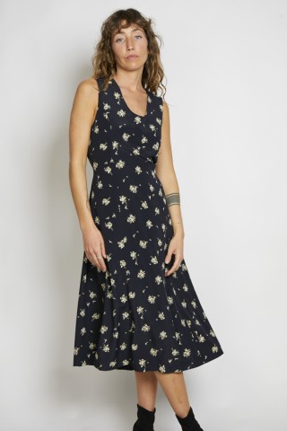 Vestido vintage negro flores verde seco - Ropa mujer vintage SusiSweetdress