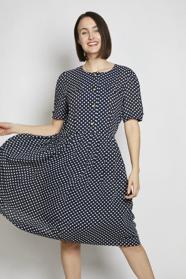 Vestido vintage azul marino lunares blancos - Ropa mujer vintage SusiSweetdress
