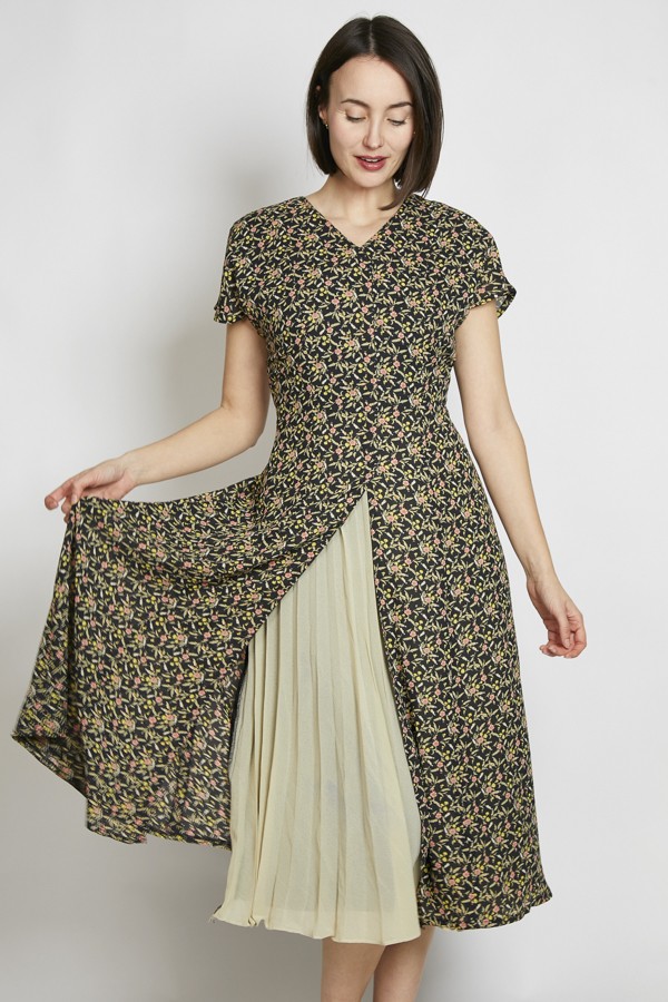 Vestido vintage negro flores y hojas - Ropa mujer vintage SusiSweetdress