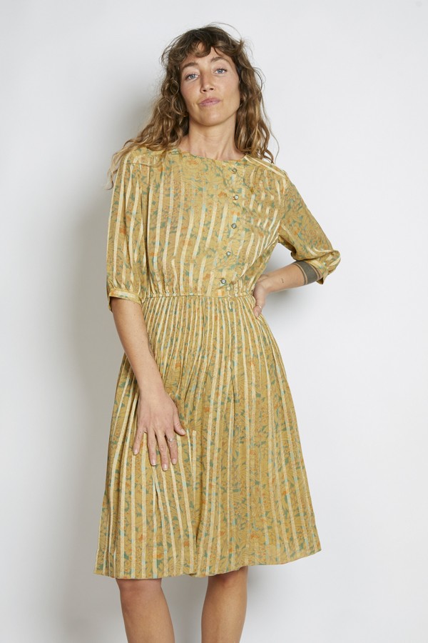 Vestido vintage amarillo ocre rayas y flores - Ropa mujer vintage SusiSweetdress