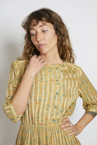 Vestido vintage amarillo ocre rayas y flores - Ropa mujer vintage SusiSweetdress