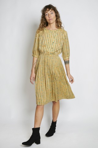 Vestido vintage amarillo ocre rayas y flores - Ropa mujer vintage SusiSweetdress