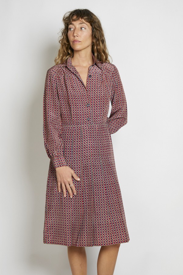 Vestido vintage marrón taupe cuadritos azul rojo - Ropa mujer vintage SusiSweetdress