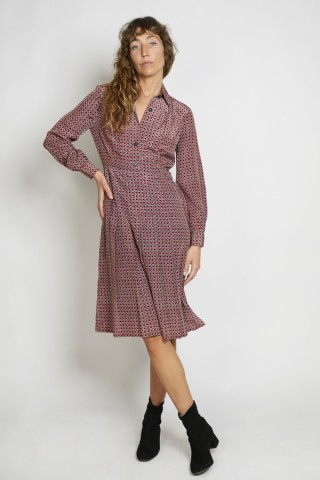 Vestido vintage marrón taupe cuadritos azul rojo - Ropa mujer vintage SusiSweetdress