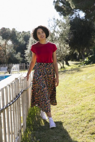 Falda maxi larga negra con tulipanes anaranjados con bolsillos- Ropa mujer SusiSweetdress