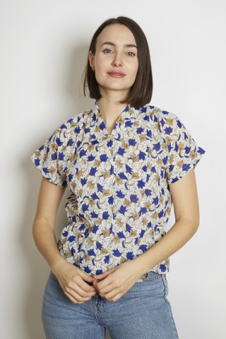 Camisa vintage blanco roto flores azul y beige - Ropa mujer SusiSweetdress