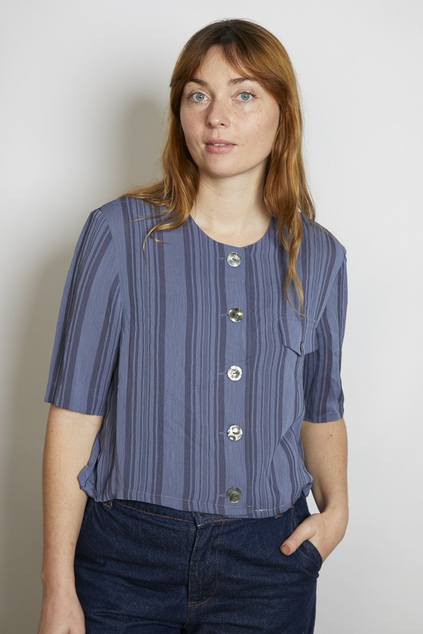 Camisa vintage azul grisáceo a rayas - Ropa mujer SusiSweetdress