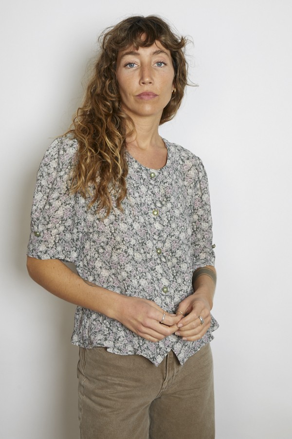 Camisa vintage verde oscuro flores lila y beige - Ropa mujer SusiSweetdress