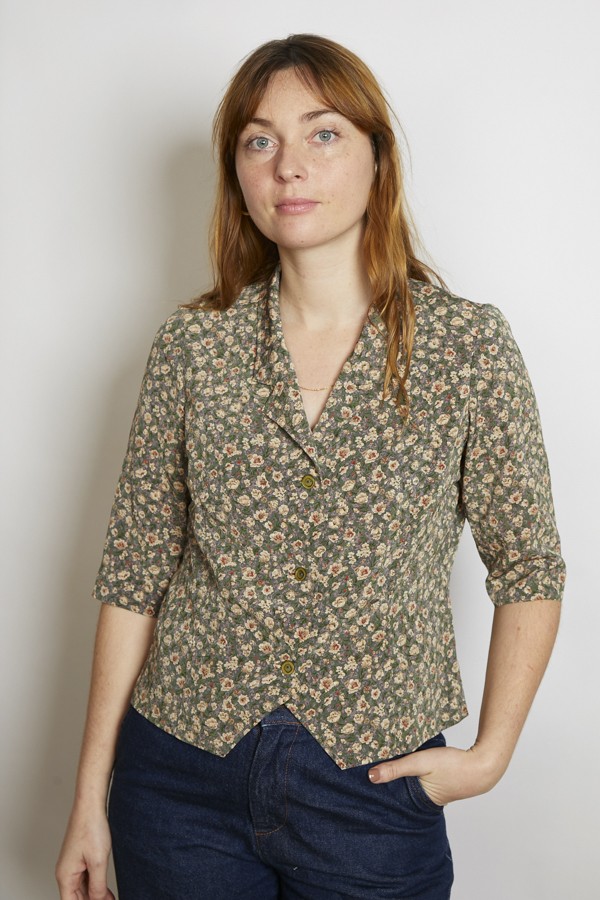 Camisa vintage verde oscuro flores beige y lila - Ropa mujer SusiSweetdress