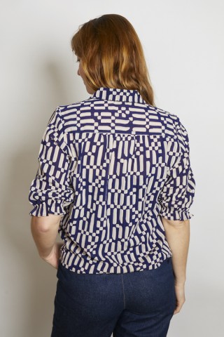 Camisa vintage azul marino estampado beige - Ropa mujer SusiSweetdress