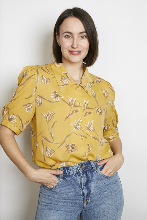 Camisa vintage amarillo mostaza flores marrones - Ropa mujer SusiSweetdress