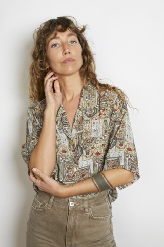 Camisa vintage verde seco estampado geométrico - Ropa mujer SusiSweetdress
