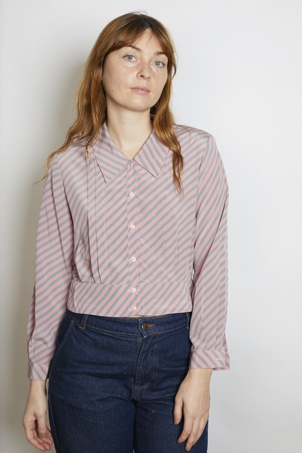 Camisa vintage rosa y gris a rayas- Ropa mujer SusiSweetdress