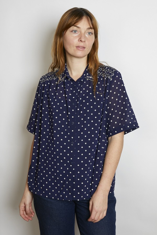 Camisa vintage azul marino lunares blancos - Ropa mujer SusiSweetdress