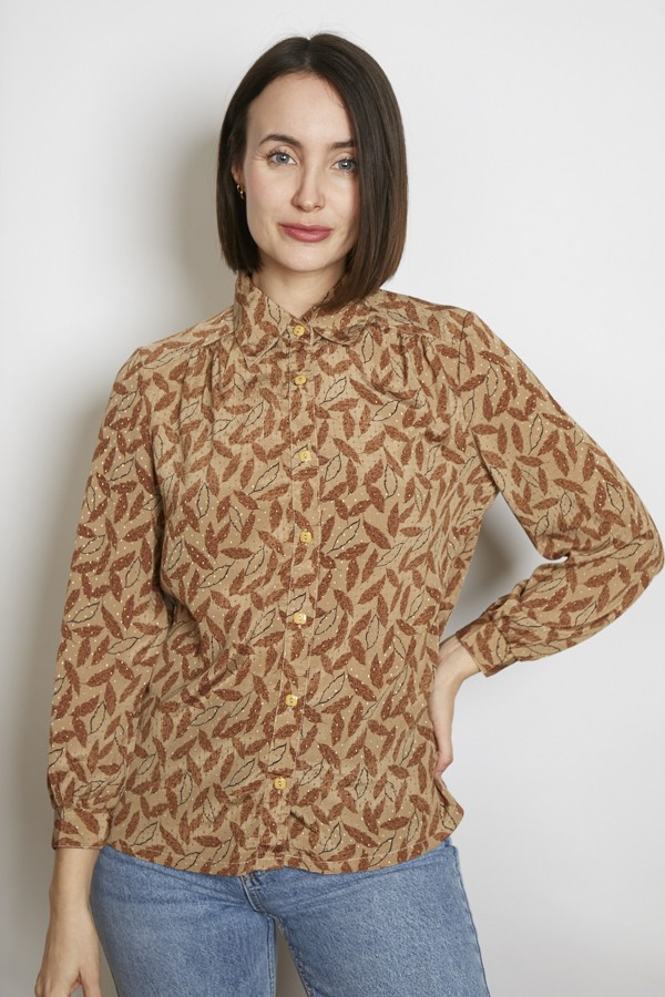 Camisa vintage beige hojas marrones - Ropa mujer SusiSweetdress