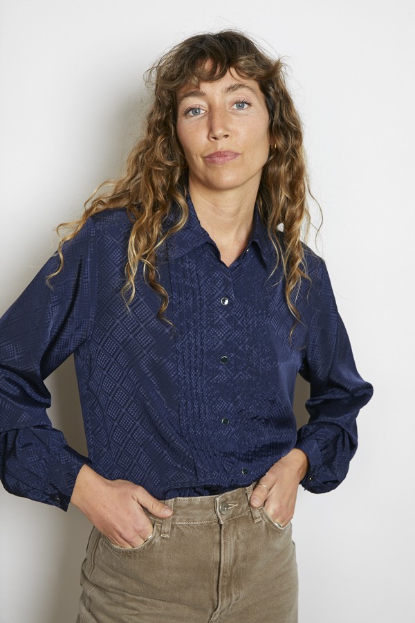 Camisa vintage azul marino plisado - Ropa mujer SusiSweetdress