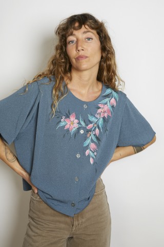 Camisa vintage grisáceo flores pintadas - Ropa mujer SusiSweetdress