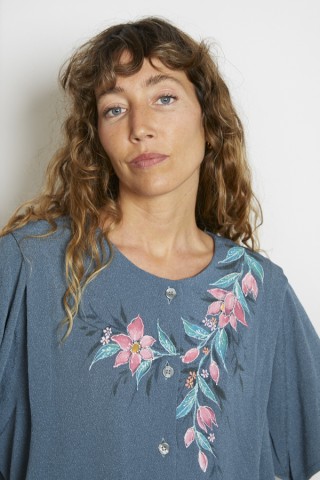 Camisa vintage grisáceo flores pintadas - Ropa mujer SusiSweetdress