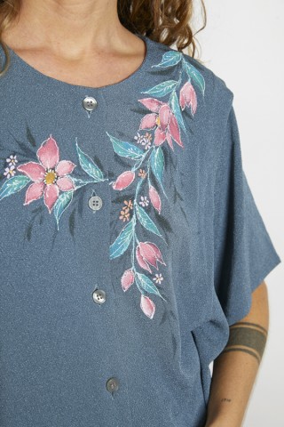 Camisa vintage grisáceo flores pintadas - Ropa mujer SusiSweetdress