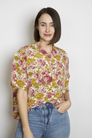 Camisa vintage beige flores ocre y rosa - Ropa mujer SusiSweetdress