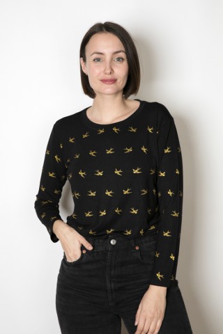 Camiseta SusiSweetdress negra con pájaros dorados manga larga - Ropa mujer SusiSweetdress