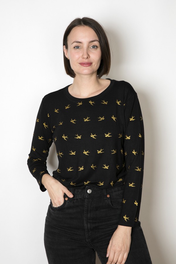 Camiseta SusiSweetdress negra con pájaros dorados manga larga - Ropa mujer SusiSweetdress
